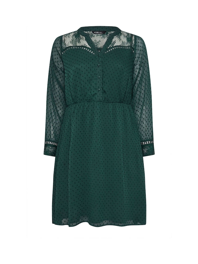 Yours Curve Green Lace Dobby Mesh Dress - Image 6 of 6
