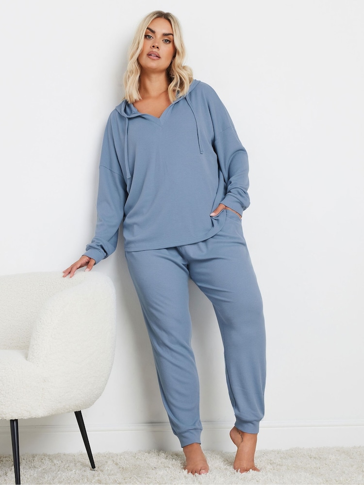 Yours Curve Blue Waffle Cropped Hoodie - Image 2 of 5