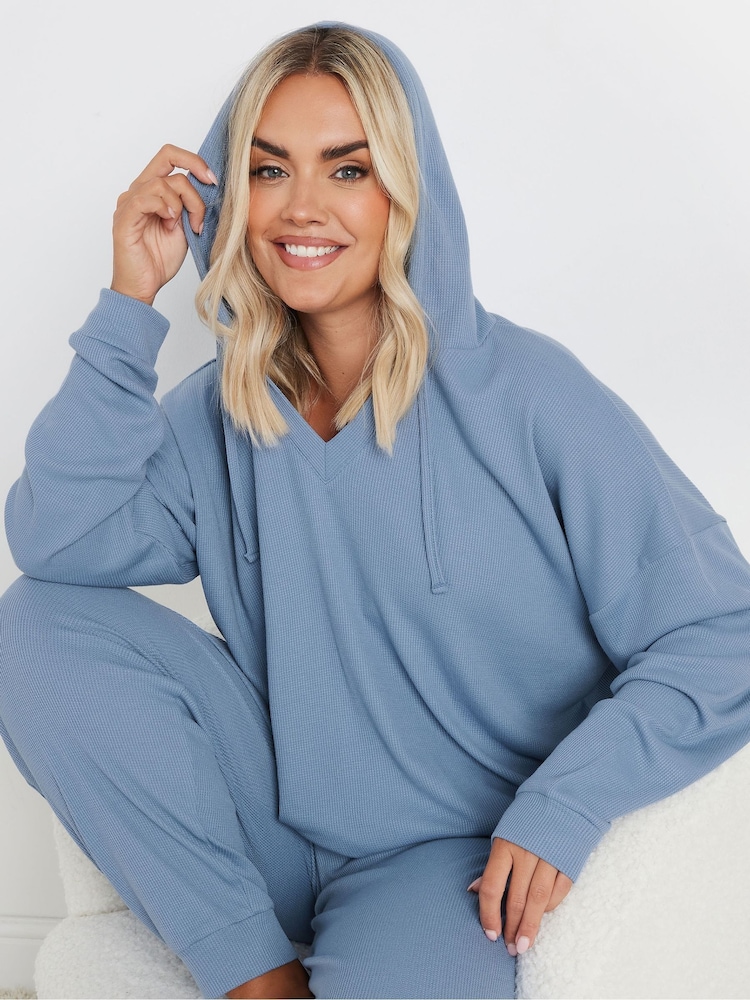 Yours Curve Blue Waffle Cropped Hoodie - Image 4 of 5