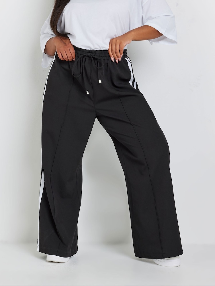 Yours Curve Black Double Side Stripe Wide Leg Trousers - Image 1 of 5