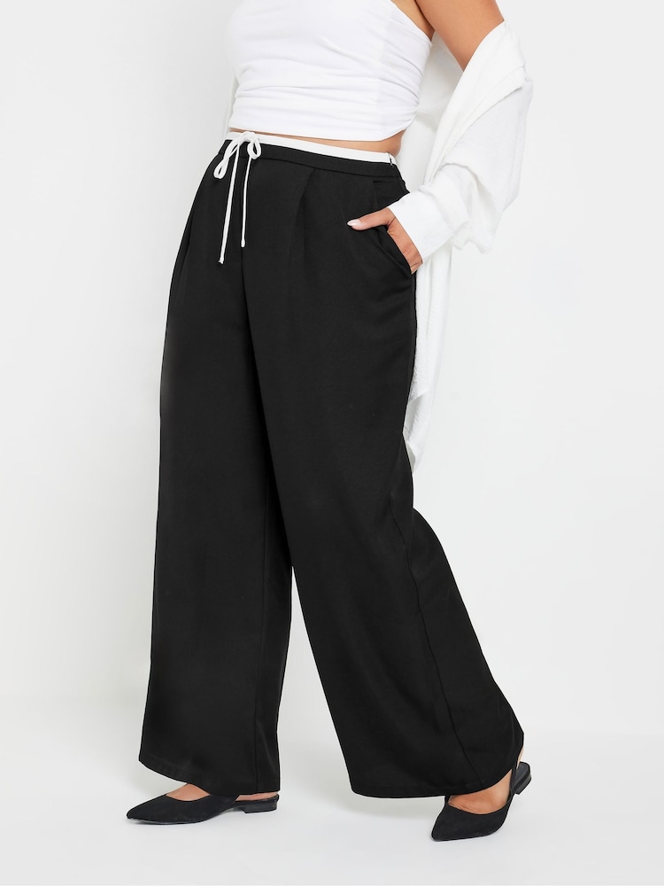 Yours Curve Black Drawstring Contrast Waist Wide Trousers - Image 1 of 5 Yours Curve Black Drawstring Contrast Waist Wide Trousers - Image 1 of 5