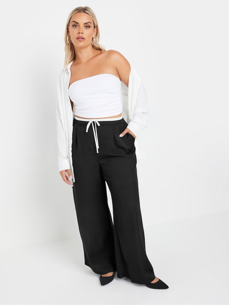 Yours Curve Black Drawstring Contrast Waist Wide Trousers - Image 2 of 5 Yours Curve Black Drawstring Contrast Waist Wide Trousers - Image 2 of 5