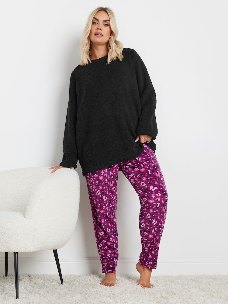 Yours Curve Black Leopard Print Borg Lounge Set - Image 2 of 5
