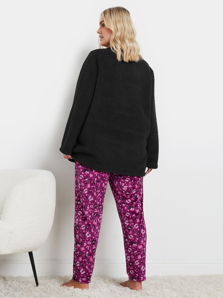 Yours Curve Black Leopard Print Borg Lounge Set - Image 3 of 5