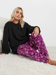 Yours Curve Black Leopard Print Borg Lounge Set - Image 4 of 5