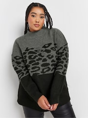 Yours Curve Grey Animal Colourblock High Neck Jumper - Image 1 of 5