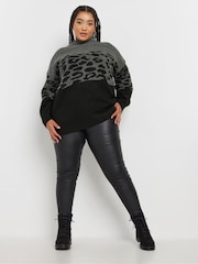 Yours Curve Grey Animal Colourblock High Neck Jumper - Image 2 of 5