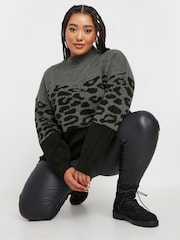 Yours Curve Grey Animal Colourblock High Neck Jumper - Image 4 of 5