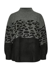 Yours Curve Grey Animal Colourblock High Neck Jumper - Image 5 of 5