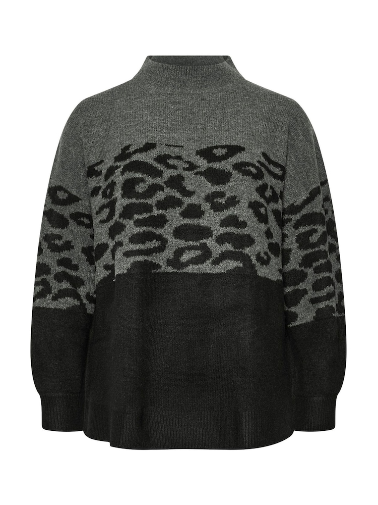 Yours Curve Grey Animal Colourblock High Neck Jumper - Image 5 of 5