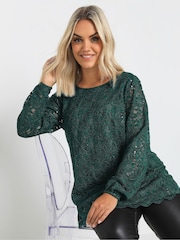 Yours Curve Green Lace Scallop Edge Top - Image 1 of 6