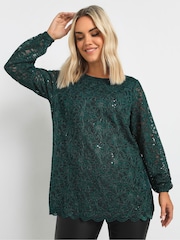 Yours Curve Green Lace Scallop Edge Top - Image 2 of 6