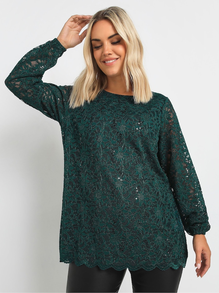 Yours Curve Green Lace Scallop Edge Top - Image 2 of 6