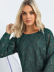 Yours Curve Green Lace Scallop Edge Top - Image 5 of 6