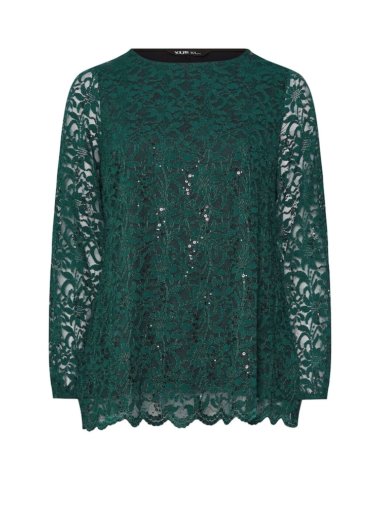 Yours Curve Green Lace Scallop Edge Top - Image 6 of 6