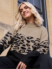 Yours Curve Natural Animal Colourblock High Neck Jumper - Image 2 of 6