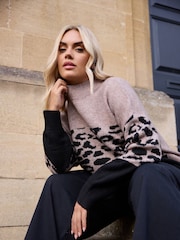 Yours Curve Natural Animal Colourblock High Neck Jumper - Image 4 of 6