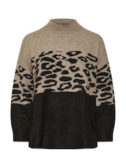 Yours Curve Natural Animal Colourblock High Neck Jumper - Image 6 of 6