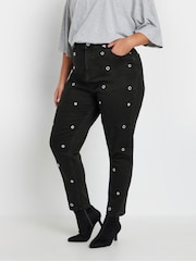 Yours Curve Black Mom Eyelet Detail Jeans - Image 1 of 6