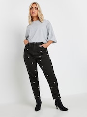 Yours Curve Black Mom Eyelet Detail Jeans - Image 3 of 6