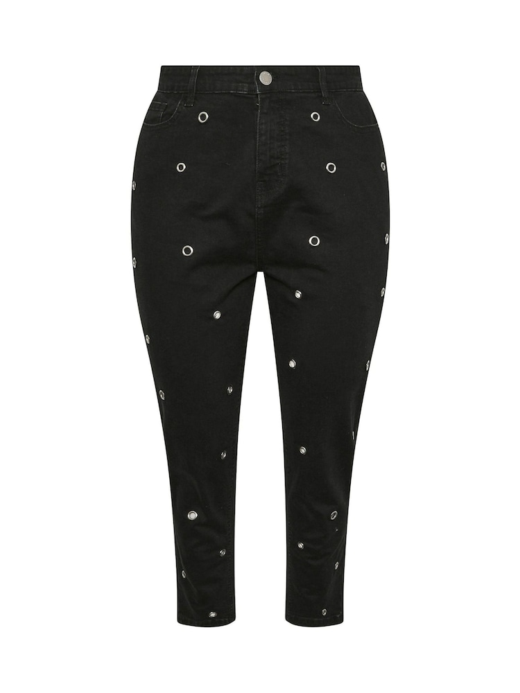 Yours Curve Black Mom Eyelet Detail Jeans - Image 6 of 6