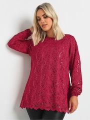 Yours Curve Red Lace Scallop Edge Top - Image 1 of 5