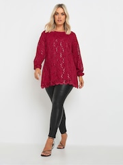 Yours Curve Red Lace Scallop Edge Top - Image 3 of 5
