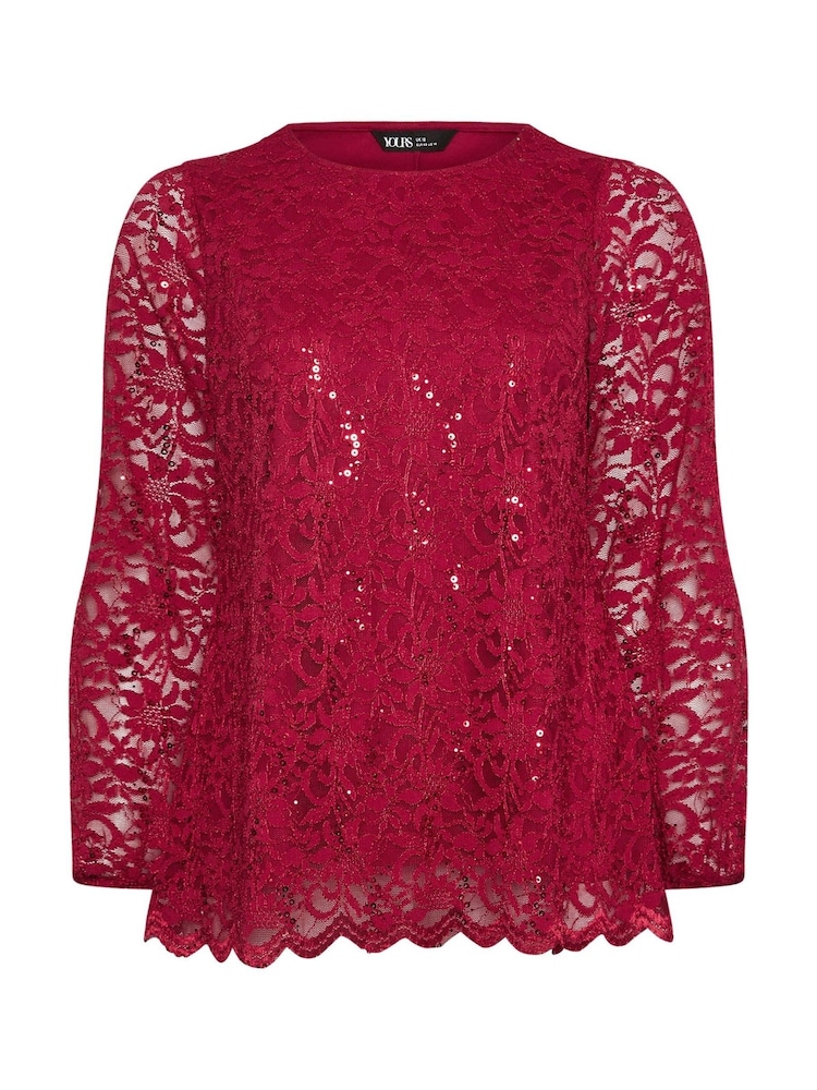 Yours Curve Red Lace Scallop Edge Top - Image 5 of 5