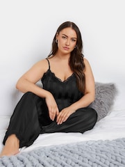 Yours Curve Black Lace Stripe Satin Cami Set - Image 1 of 6