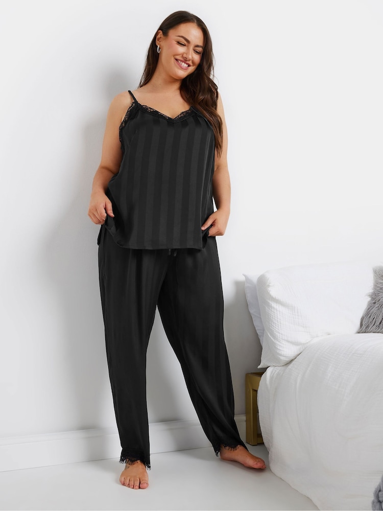 Yours Curve Black Lace Stripe Satin Cami Set - Image 2 of 6