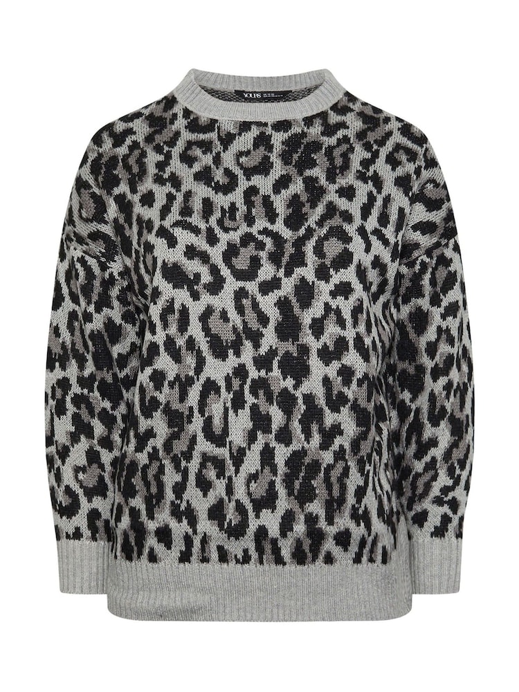 Yours Curve Grey Leopard Print Knitted Jumper - Image 6 of 6