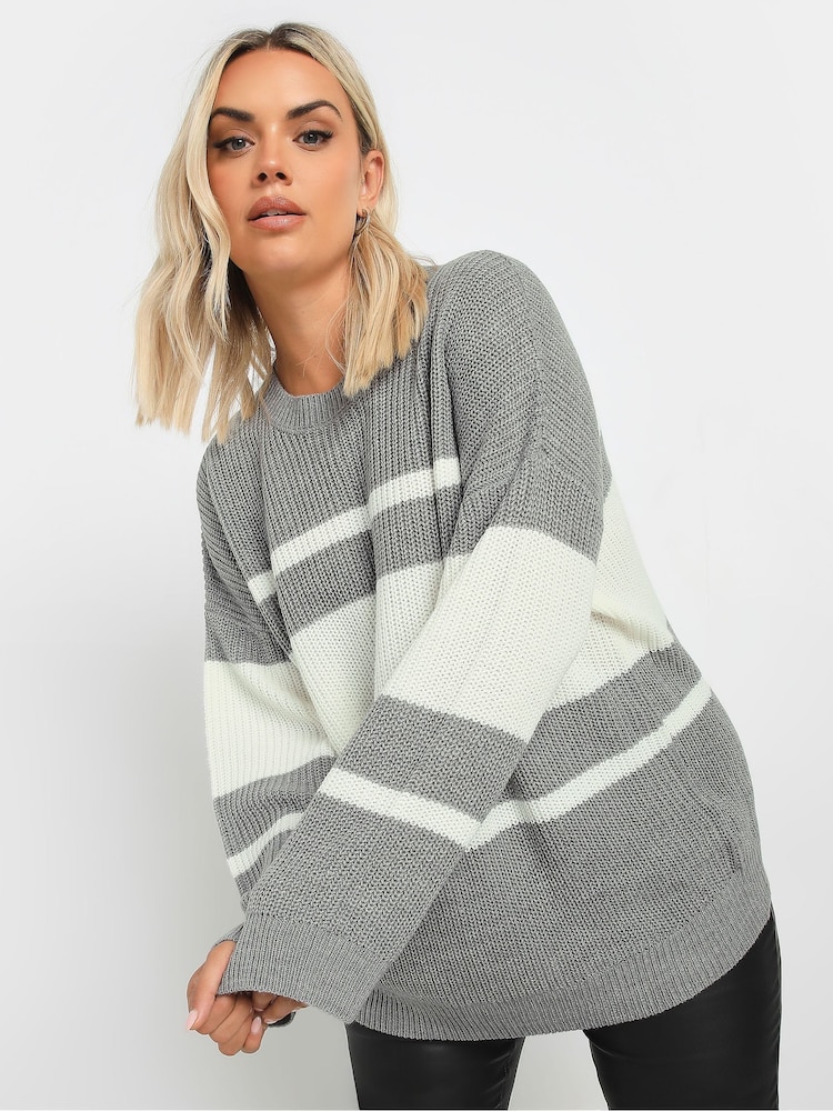 Yours Curve Grey Drop Shoulder Stripe Jumper - Image 1 of 6