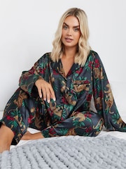 Yours Curve Blue Leopard Convo Satin Pyjamas Set - Image 1 of 5