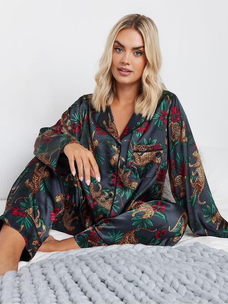 Yours Curve Blue Leopard Convo Satin Pyjamas Set - Image 1 of 5