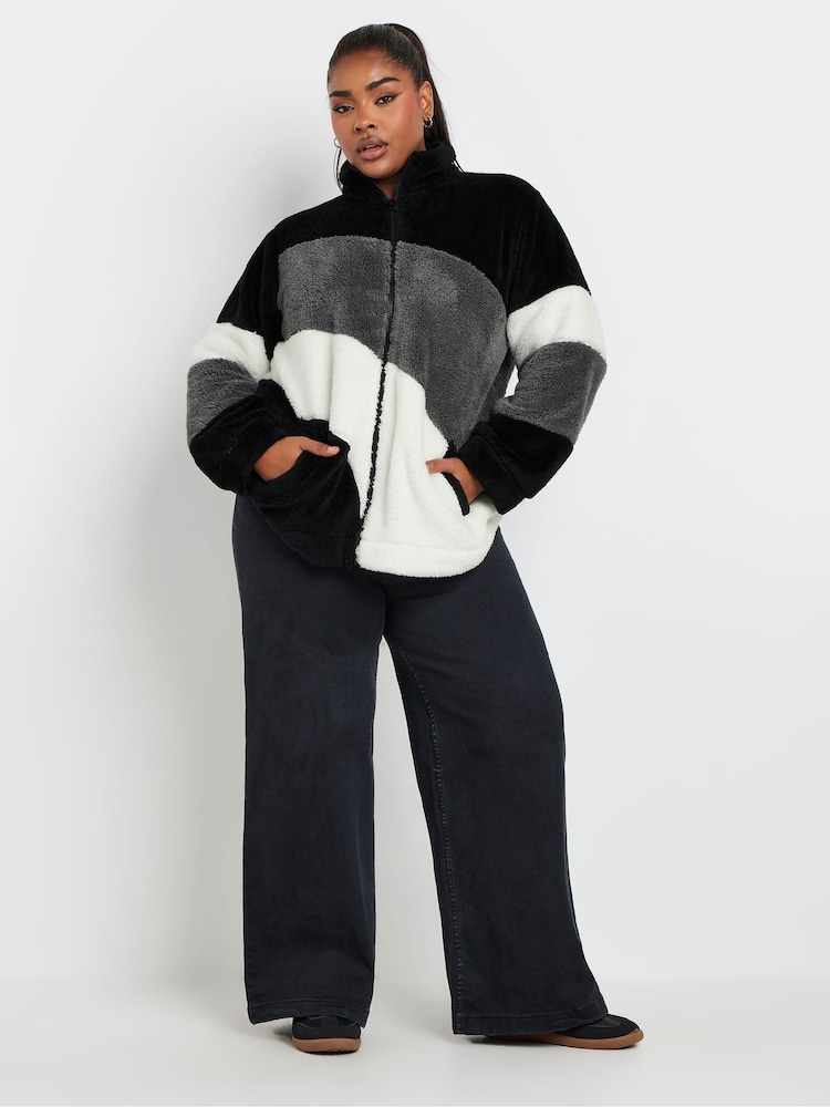 Yours Curve Black Colour Block Fleece Jacket - Image 1 of 5