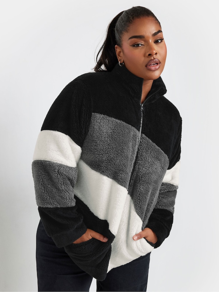 Yours Curve Black Colour Block Fleece Jacket - Image 2 of 5