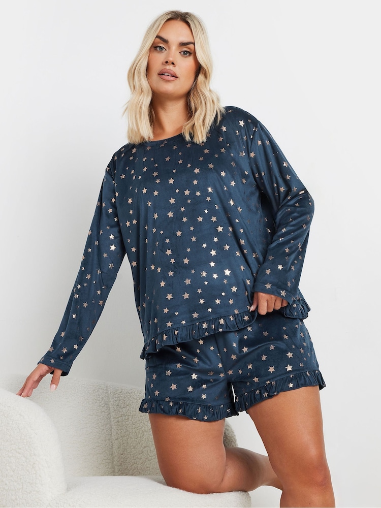 Yours Curve Blue Star Frilled Pyjama Set - Image 1 of 5