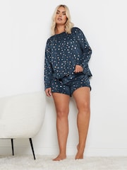 Yours Curve Blue Star Frilled Pyjama Set - Image 3 of 5