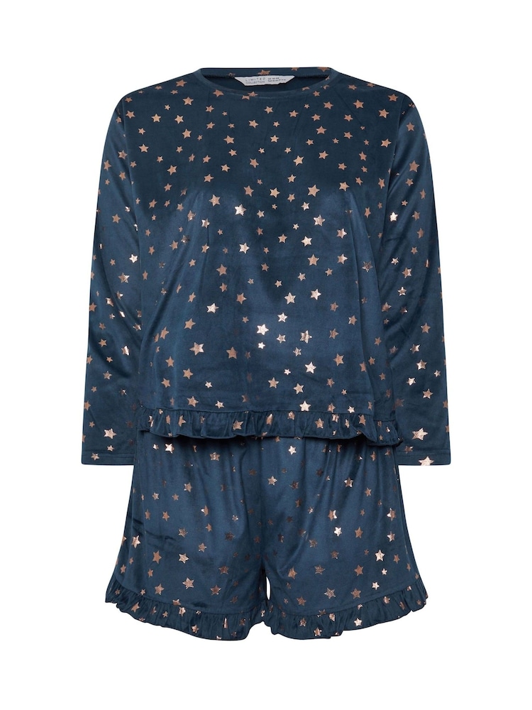 Yours Curve Blue Star Frilled Pyjama Set - Image 5 of 5