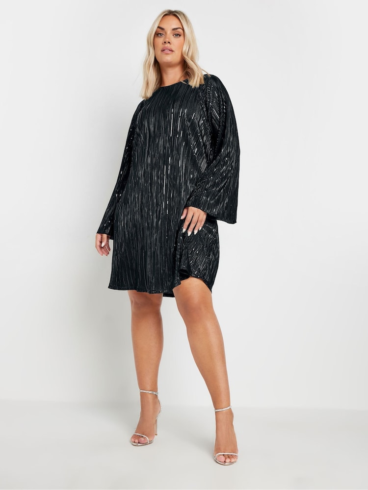 Yours Curve Black Flute Sleeve Plisse Dress - Image 2 of 5