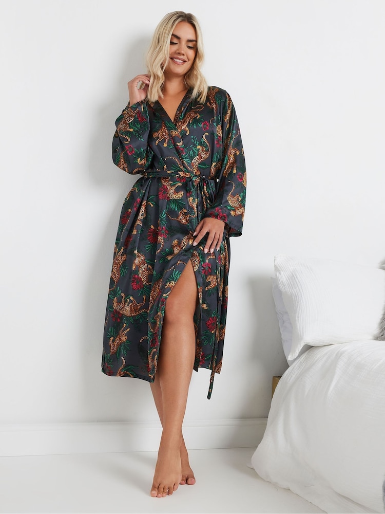 Yours Curve Blue Leopard Convo Satin Robe - Image 2 of 5