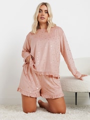 Yours Curve Pink Star Frilled Pyjama Set - Image 1 of 5