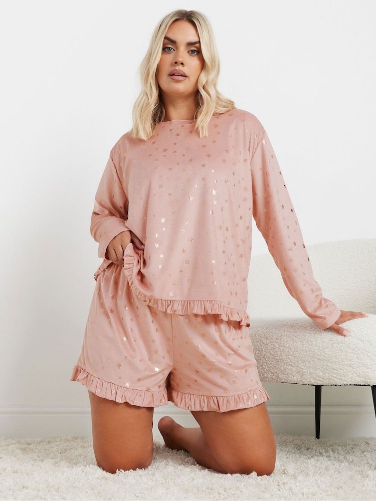 Yours Curve Pink Star Frilled Pyjama Set - Image 1 of 5