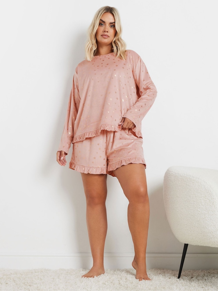 Yours Curve Pink Star Frilled Pyjama Set - Image 2 of 5