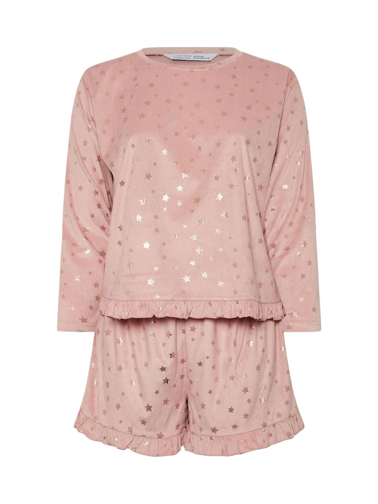 Yours Curve Pink Star Frilled Pyjama Set - Image 5 of 5