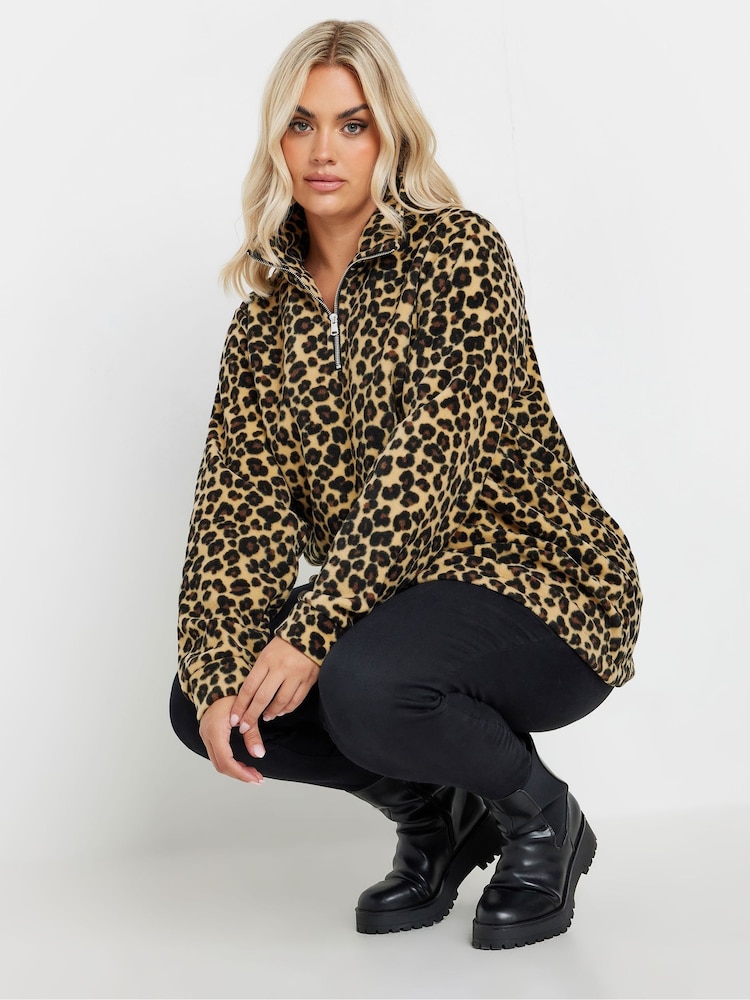 Yours Curve Brown Leopard Print Half Zip Fleece Jacket - Image 1 of 6