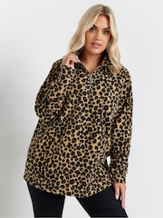Yours Curve Brown Leopard Print Half Zip Fleece Jacket - Image 2 of 6