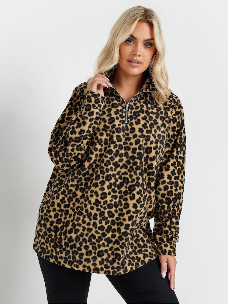 Yours Curve Brown Leopard Print Half Zip Fleece Jacket - Image 2 of 6