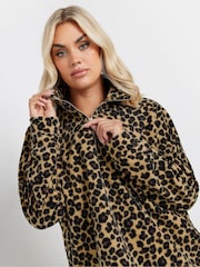 Yours Curve Brown Leopard Print Half Zip Fleece Jacket - Image 4 of 6