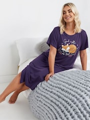 Yours Curve Purple Good Night 100% Cotton Fox Midaxi Nightdress - Image 1 of 5